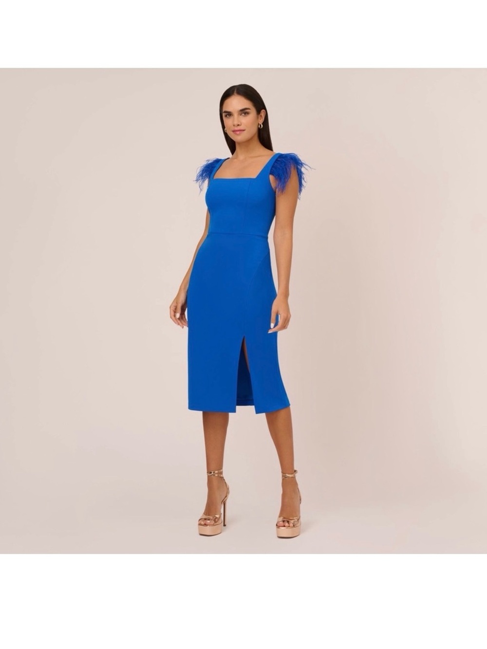 Aidan Mattox Royal Blue Feather Trim Midi Cocktail Dress Plus Size 18W NWT GALA